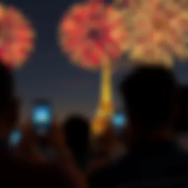 Spectators capturing the National Day fireworks with their smartphones at night.