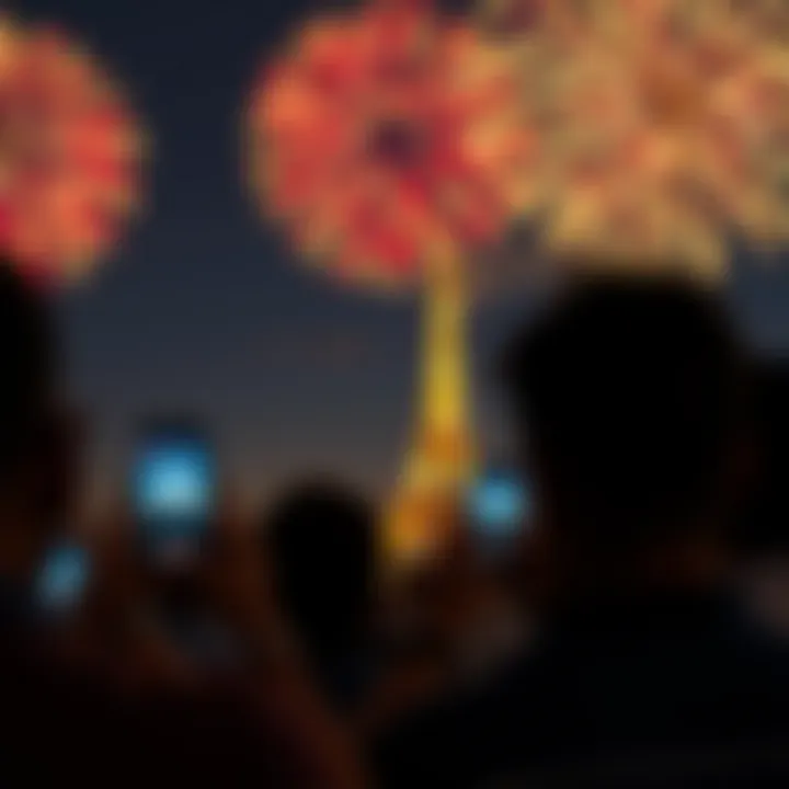 Spectators capturing the National Day fireworks with their smartphones at night.