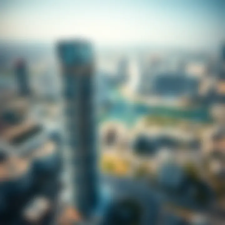 Aerial Perspective of Almas Tower in JLT Aerial view of Almas Tower amidst Jumeirah Lakes Towers