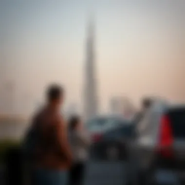 Visitors enjoying the view of Burj Khalifa while parked nearby