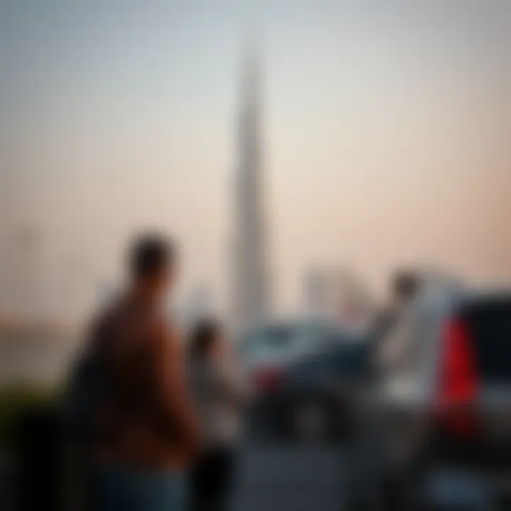 Visitors enjoying the view of Burj Khalifa while parked nearby