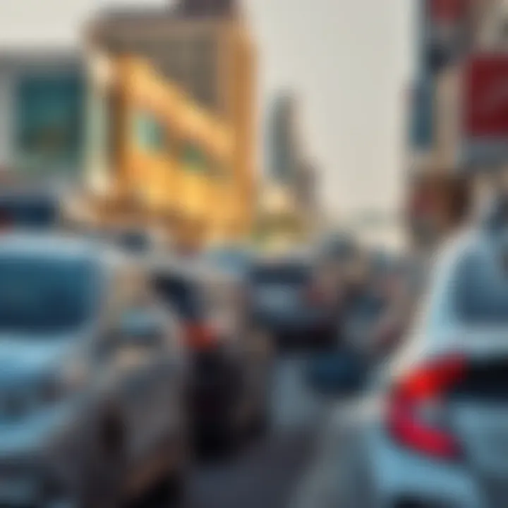 A busy street showcasing various parked vehicles in Dubai