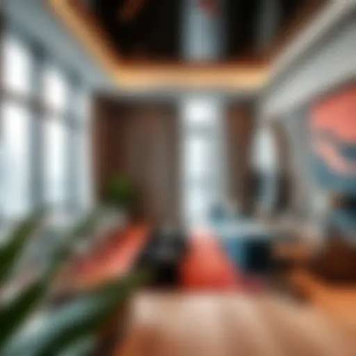 A panoramic view of a modern studio flat in Dubai showcasing elegant design and vibrant decor