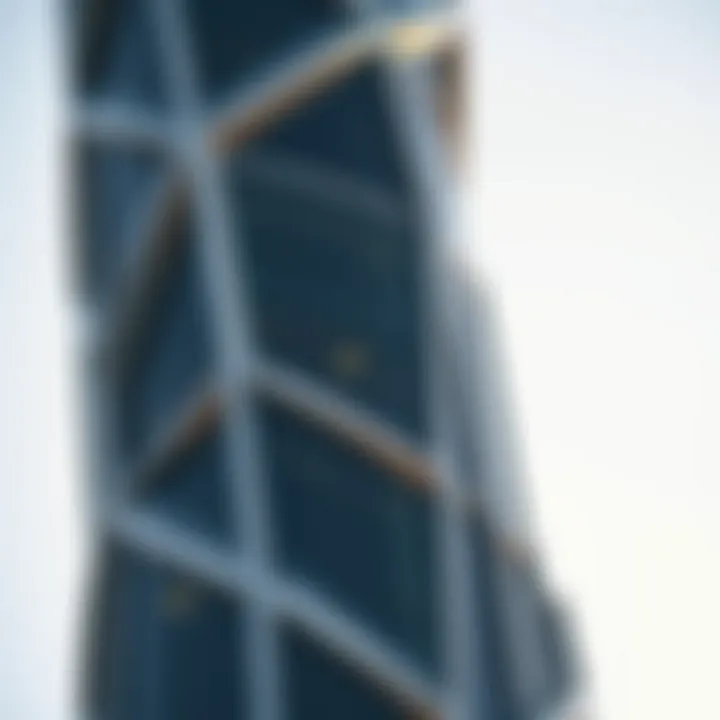 An architectural detail of a modern observation tower in Dubai