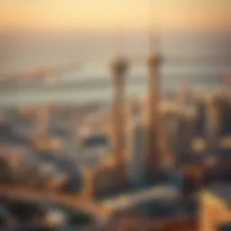 A panoramic view of Dubai's skyline featuring various observation towers