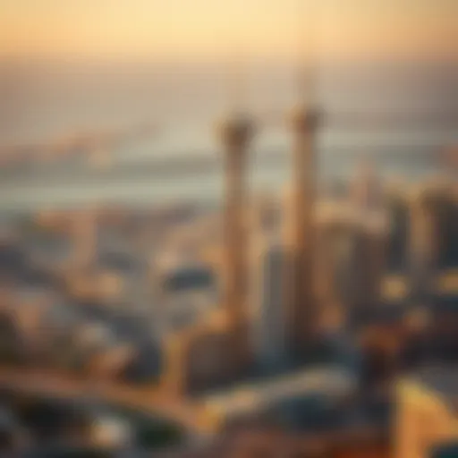 A panoramic view of Dubai's skyline featuring various observation towers