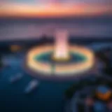 Stunning aerial view of the Palm Jumeirah Fountain at sunset