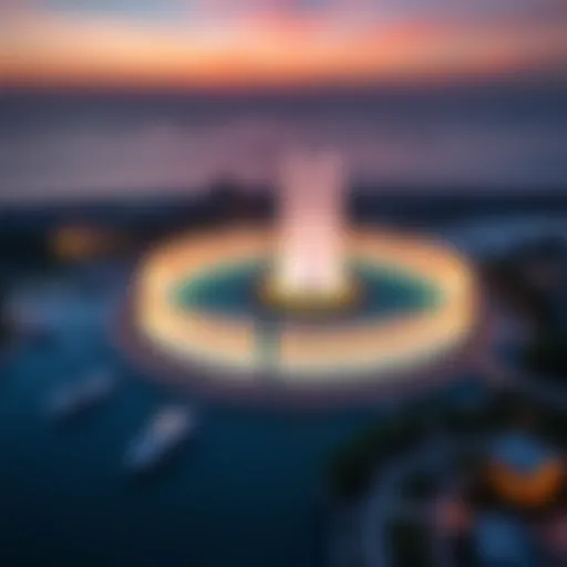 Stunning aerial view of the Palm Jumeirah Fountain at sunset