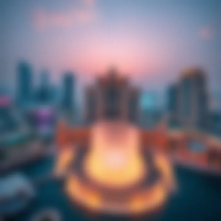 A panoramic view of The Dubai Fountain surrounded by The Dubai Mall and skyscrapers