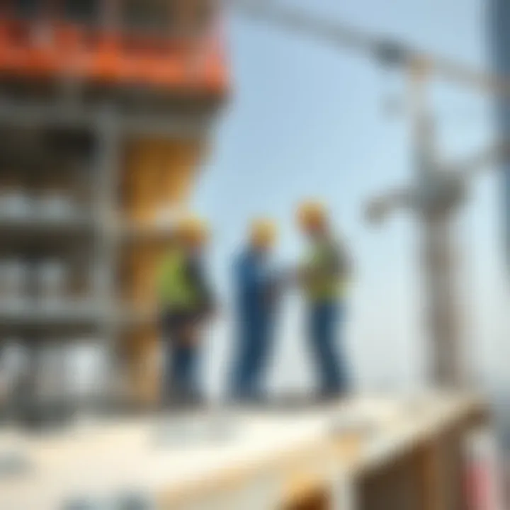 Collaboration on High-Rise Construction Construction workers collaborating on a high-rise project