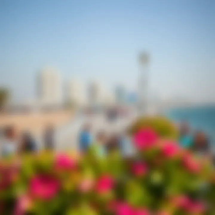 A panoramic view of the Sharjah Boardwalk bustling with visitors enjoying various recreational activities.