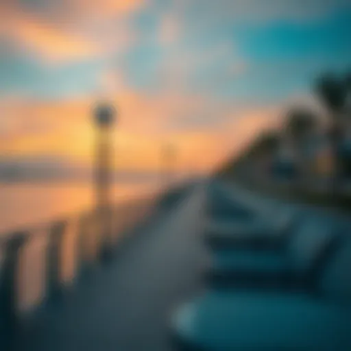 The scenic view of the Sharjah Boardwalk at sunset, showcasing the vibrant colors of the sky reflected on the water.