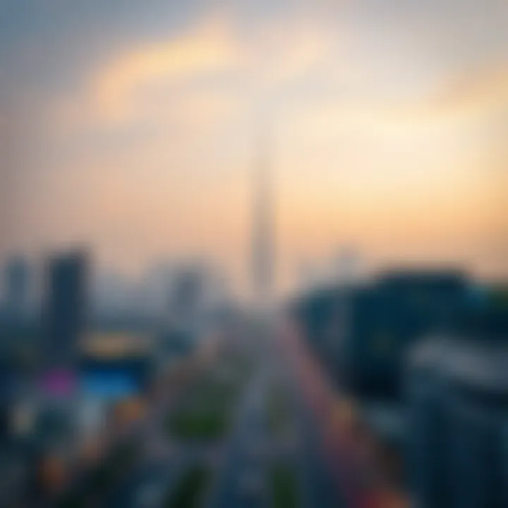Panoramic shot of Sheikh Zayed Road featuring the tower amidst the skyline.