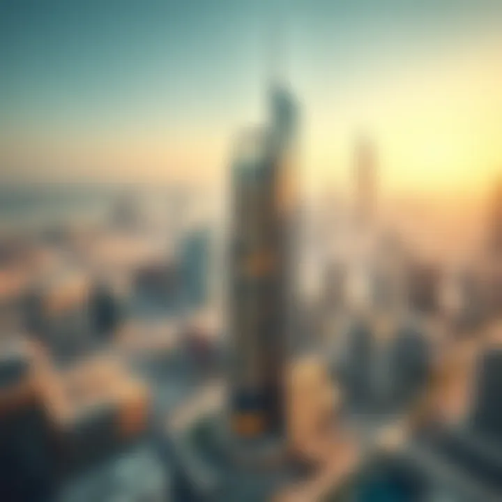 Aerial view of the Apricot Tower surrounded by the vibrant cityscape of Dubai