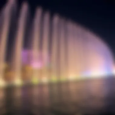 Night View of The Dubai Fountain Showcasing Colorful Lights Night view of The Dubai Fountain showcasing colorful lights
