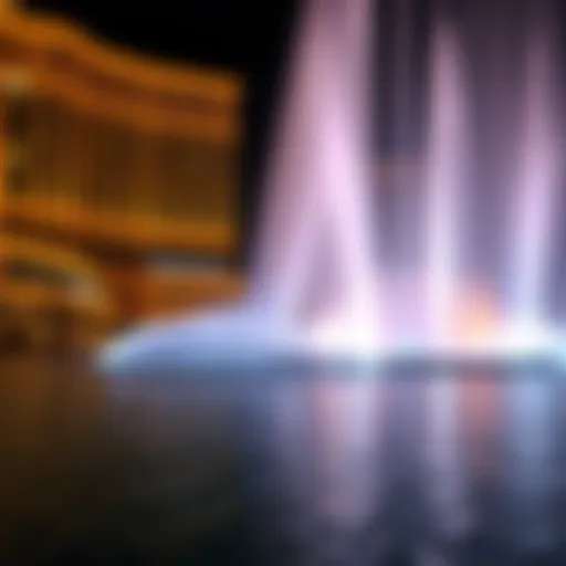 The Dubai Fountain performing at night with illuminated buildings in the background