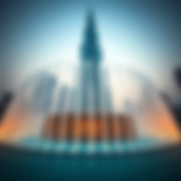 The Dubai Fountain with Burj Khalifa in the Background Wide shot of The Dubai Fountain with Burj Khalifa in the background