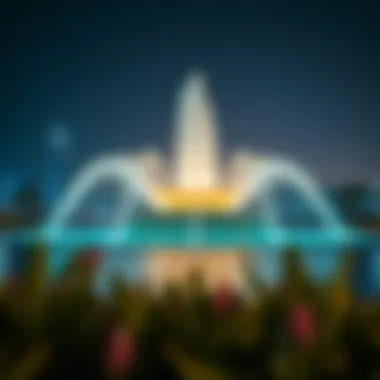 Nighttime illumination of the Pointe Palm Jumeirah Fountain.