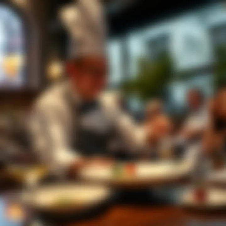 A chef presenting a signature dish to diners in a Michelin establishment