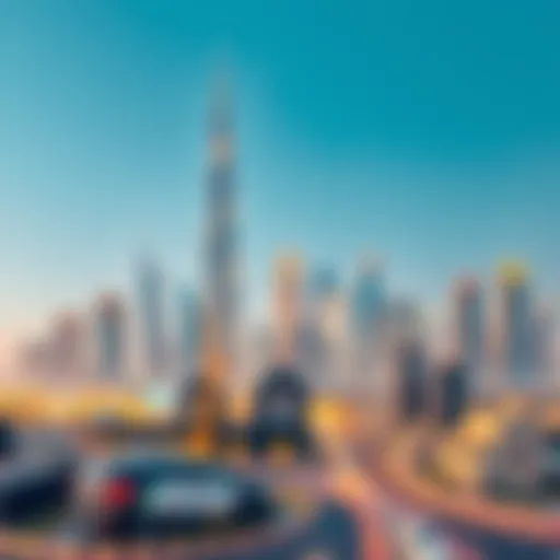 Illustration of Dubai skyline with real estate symbols
