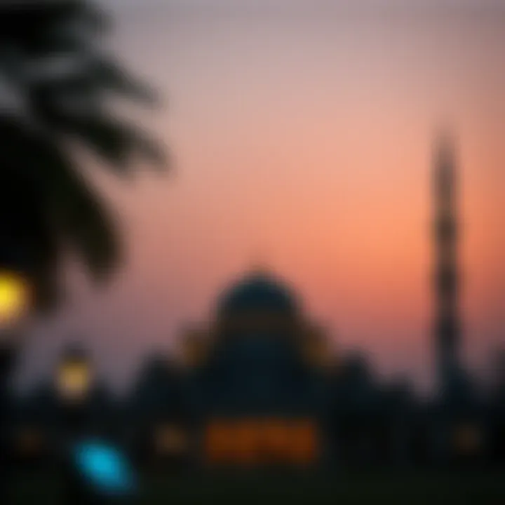 Traditional mosque silhouetted against the evening sky