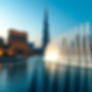 Spectacular evening show at Dubai Fountains with the Burj Khalifa in the background