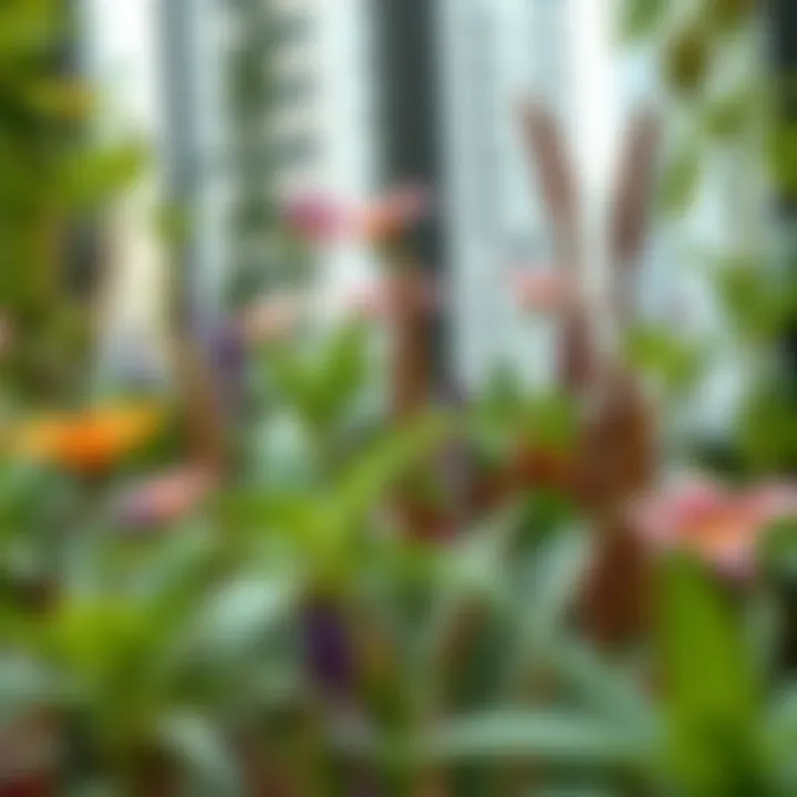 Close-up of unique plant species thriving in the vertical garden setting of Dubai's urban landscape